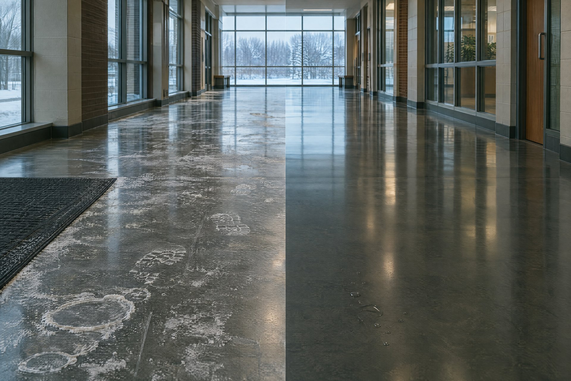 A school hallway floor split down the middle: white salt crust and boot prints on the left half, clean polished concrete on the right